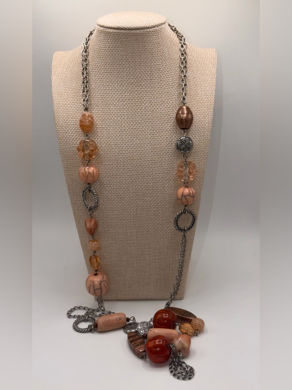 Chico's Peach and Silver Long Beaded Necklace